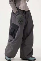 Women's Beige Baggy Color-Blocked Ski Pants Cargo Pocket Snow Pants