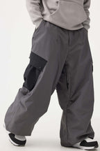Men's Coffee Baggy Color-Blocked Ski Pants Cargo Pocket Snow Pants