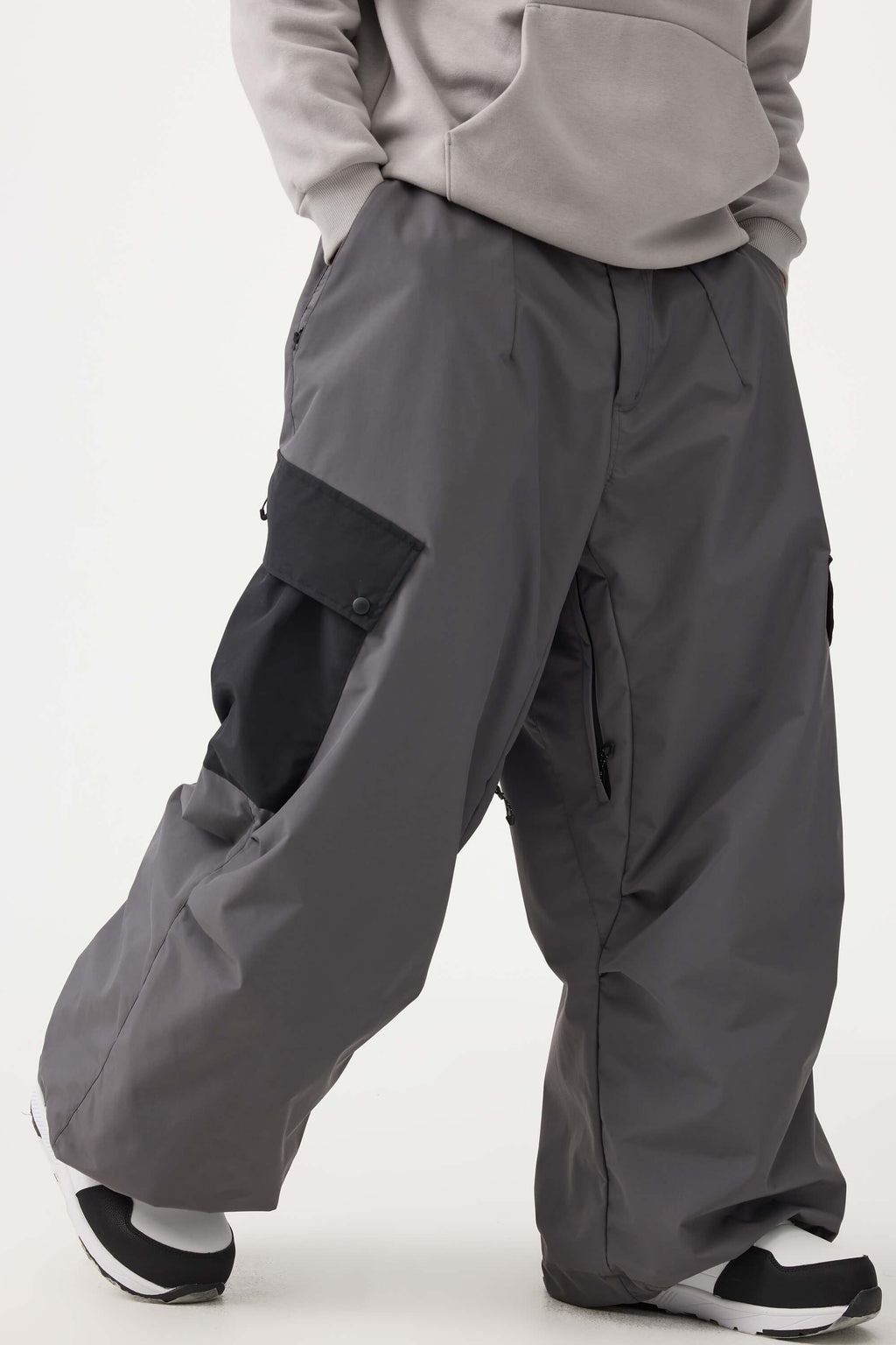 Men's Beige Baggy Color-Blocked Ski Pants Cargo Pocket Snow Pants