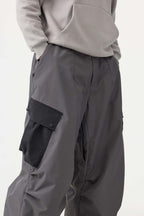 Men's Black Baggy Color-Blocked Ski Pants Cargo Pocket Snow Pants