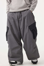 Men's Coffee Baggy Color-Blocked Ski Pants Cargo Pocket Snow Pants