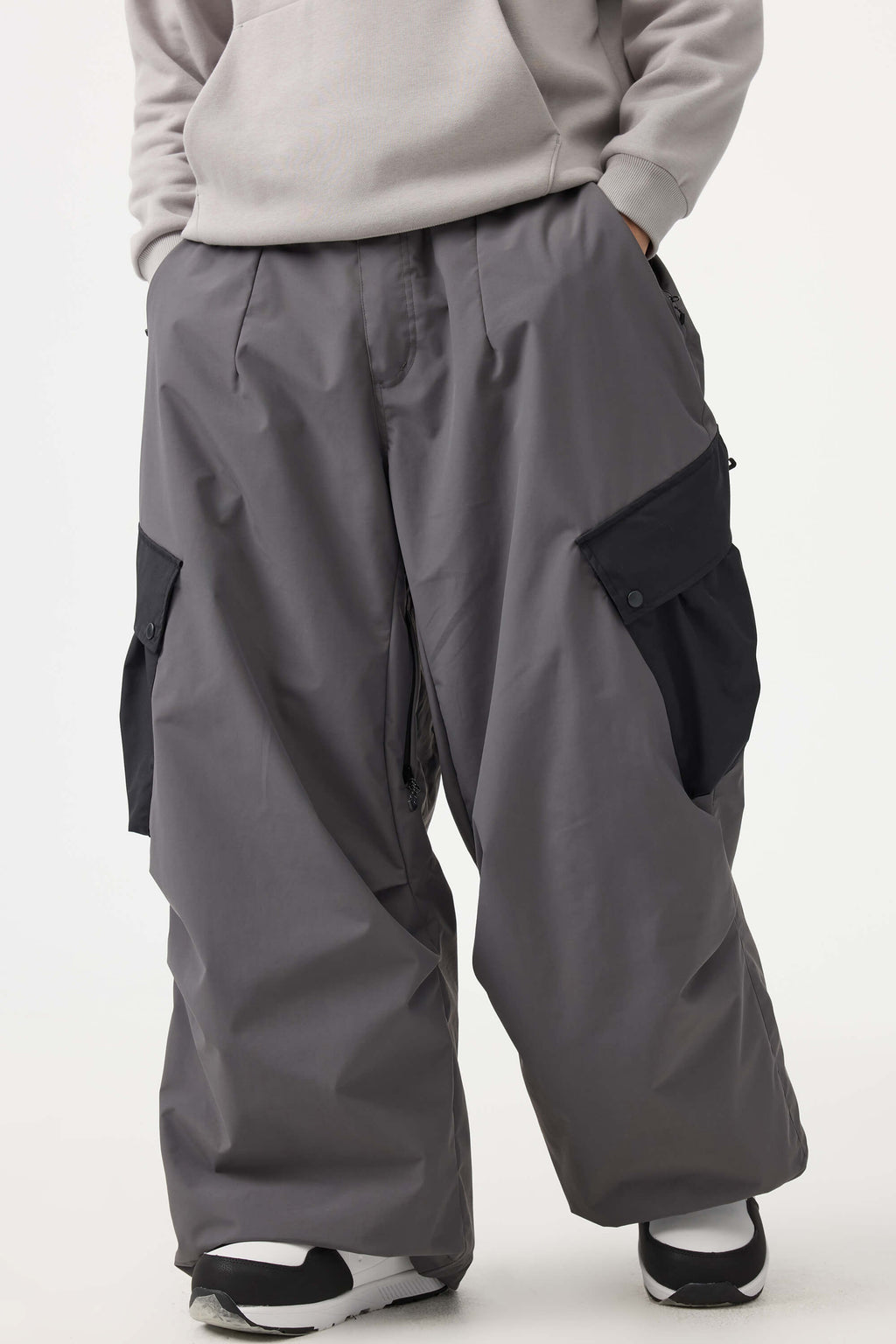 Men's Dark Gray Baggy Color-Blocked Ski Pants Cargo Pocket Snow Pants