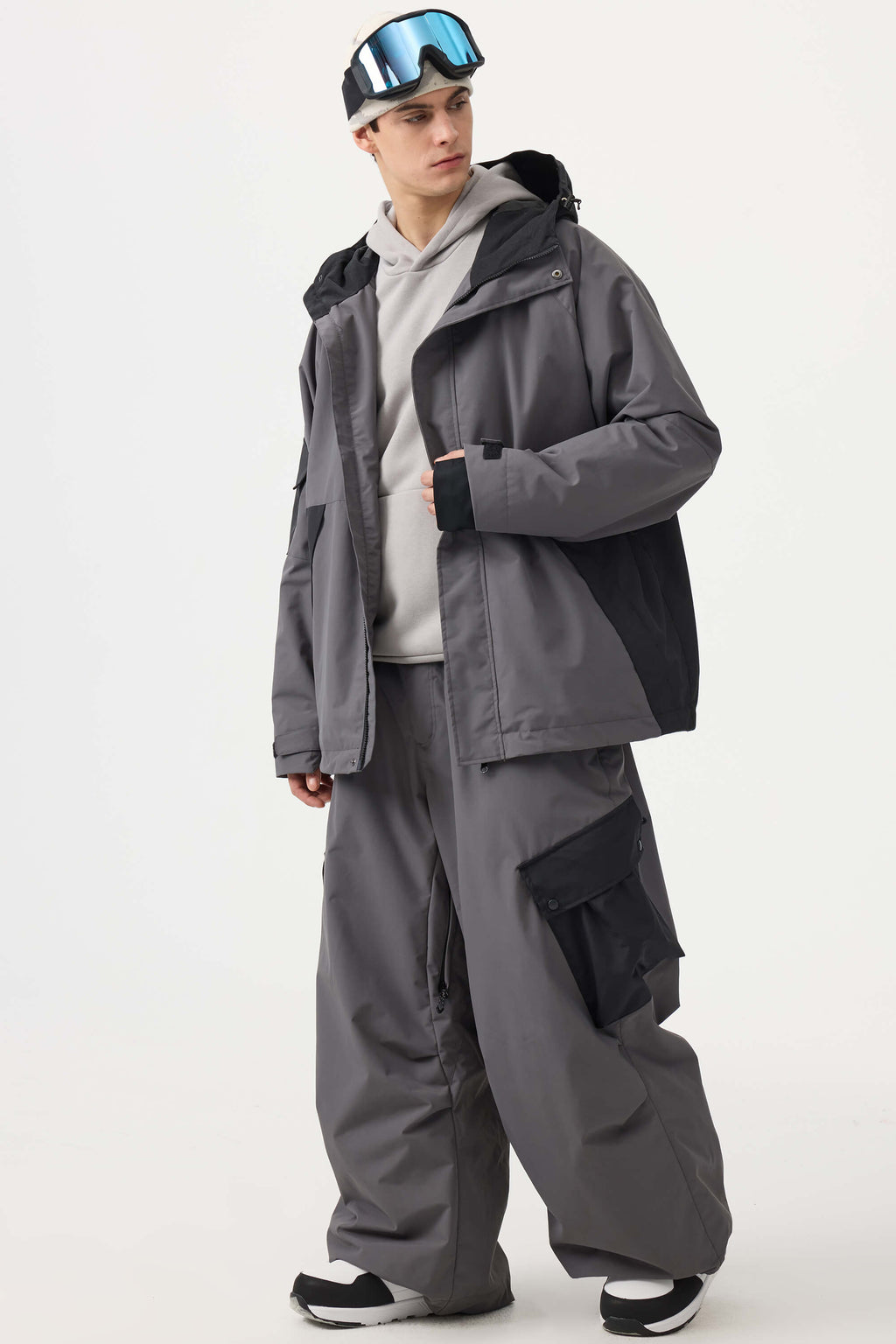 Men's Coffee Baggy Color-Blocked Ski Pants Cargo Pocket Snow Pants