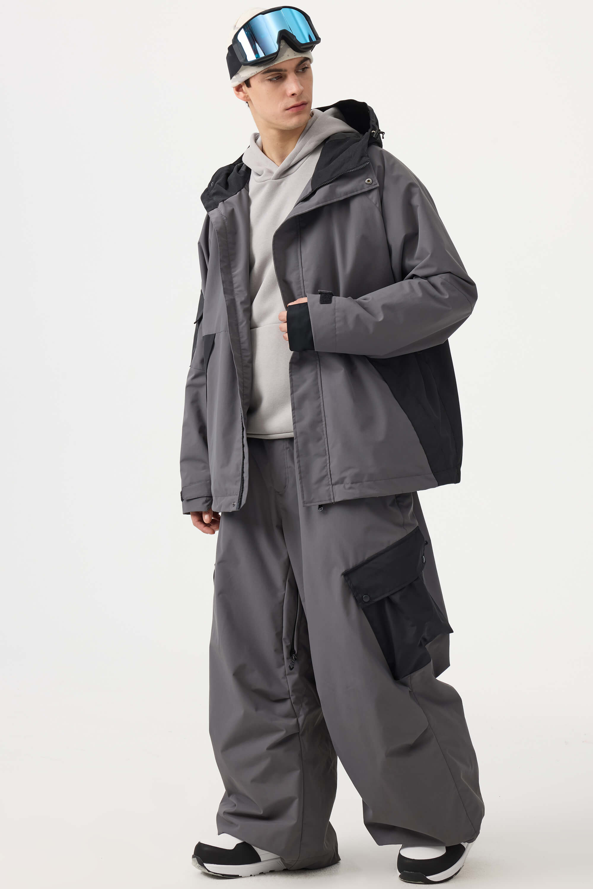 Men's Coffee Baggy Color-Blocked Ski Pants Cargo Pocket Snow Pants
