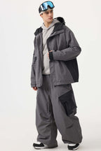Men's Black Baggy Color-Blocked Ski Pants Cargo Pocket Snow Pants