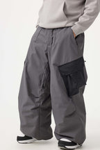 Men's Beige Baggy Color-Blocked Ski Pants Cargo Pocket Snow Pants