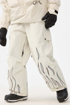 Women's Khaki Reflective Flame Ski Pants Baggy Utility Snow Pants