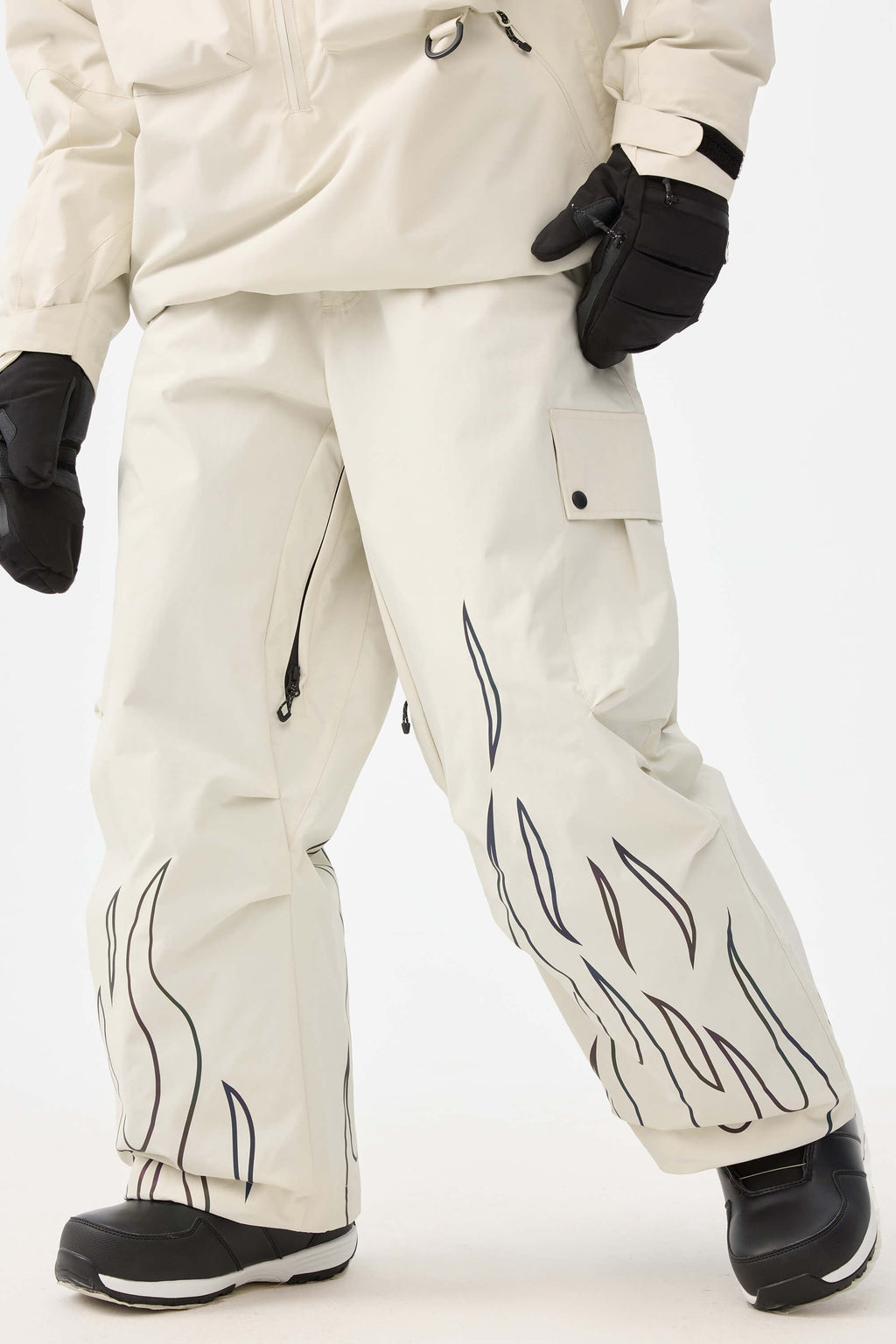 Women's Off White Reflective Flame Ski Pants Baggy Utility Snow Pants