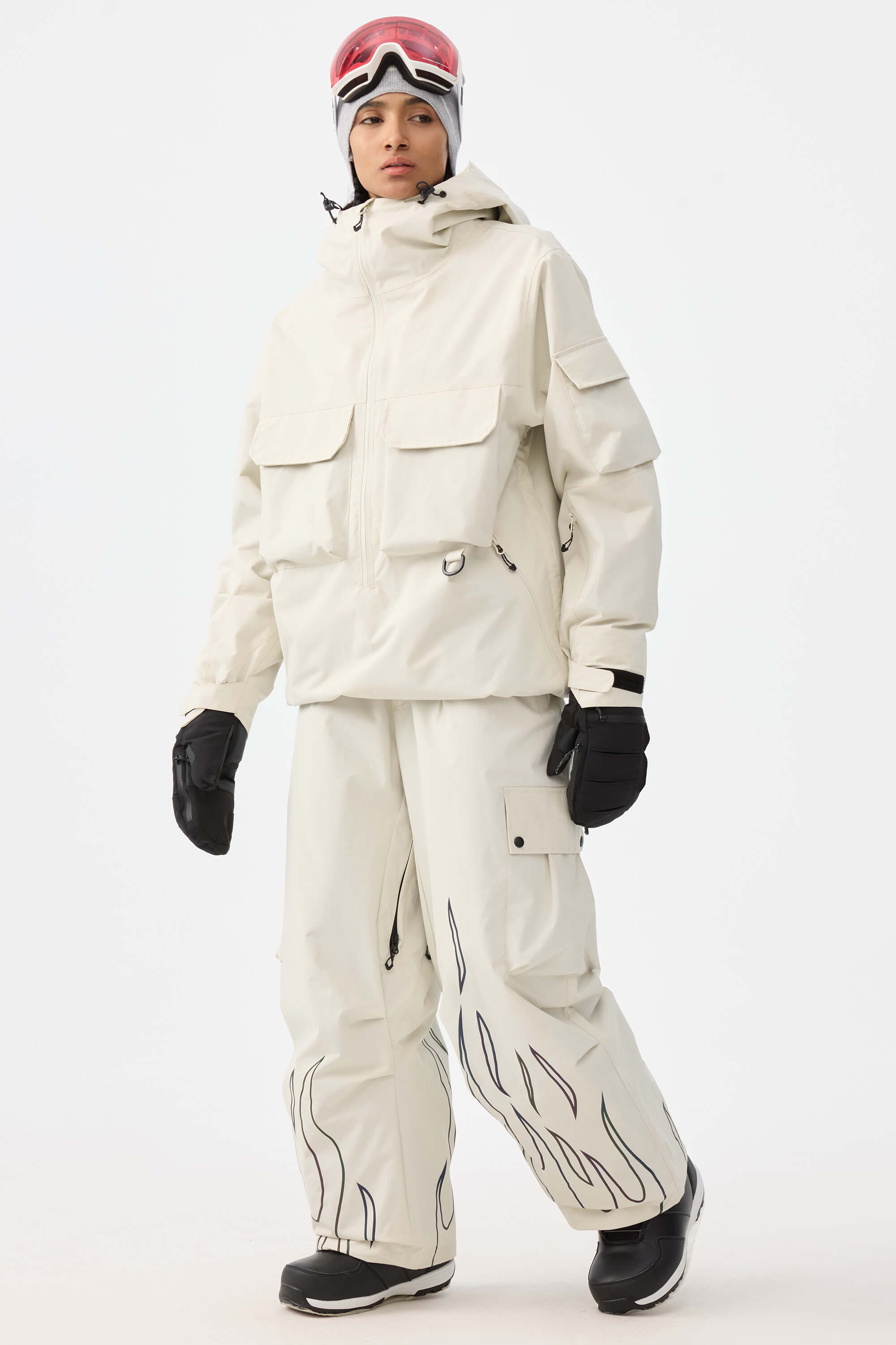 Women's Khaki Reflective Flame Ski Pants Baggy Utility Snow Pants