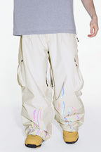 Women's Khaki Reflective Flame Ski Pants Baggy Utility Snow Pants