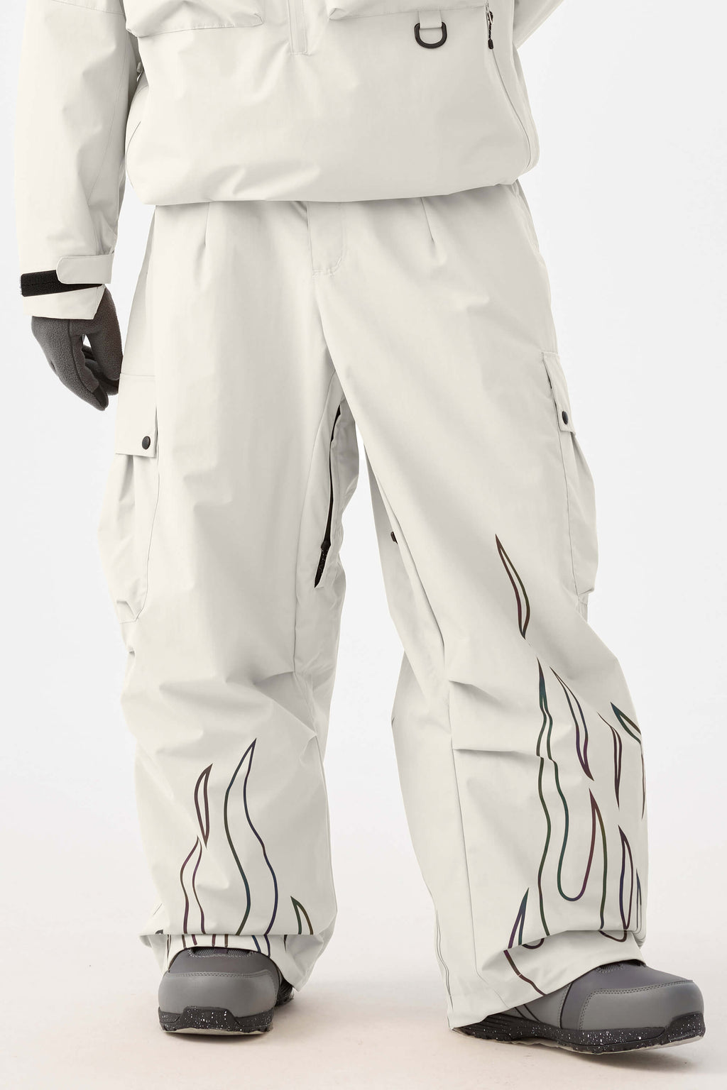 Men's Khaki Reflective Flame Ski Pants Baggy Utility Snow Pants