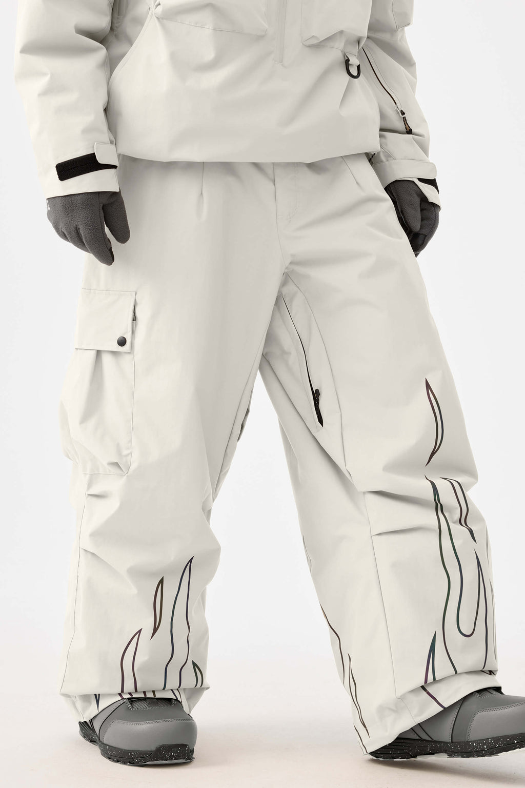 Men's Off White Reflective Flame Ski Pants Baggy Utility Snow Pants