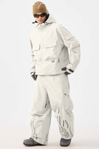 Men's Coffee Reflective Flame Ski Pants Baggy Utility Snow Pants