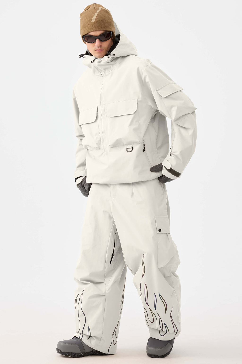 Men's Black Reflective Flame Ski Pants Baggy Utility Snow Pants