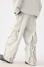 Men's Off White Reflective Flame Ski Pants Baggy Utility Snow Pants