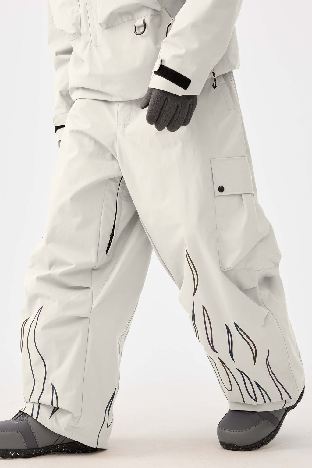 Men's Off White Reflective Flame Ski Pants Baggy Utility Snow Pants