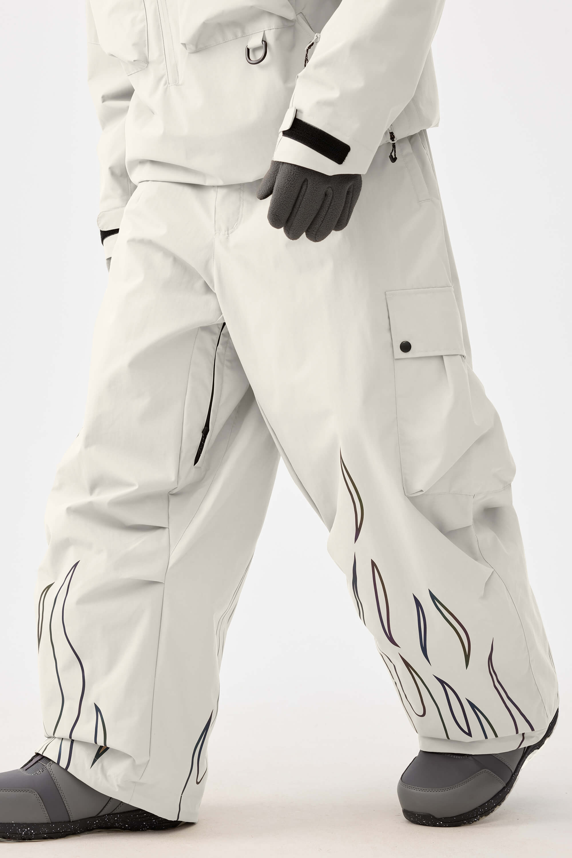 Men's Off White Reflective Flame Ski Pants Baggy Utility Snow Pants