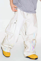 Men's Khaki Reflective Flame Ski Pants Baggy Utility Snow Pants