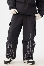 Women's Coffee Reflective Flame Ski Pants Baggy Utility Snow Pants