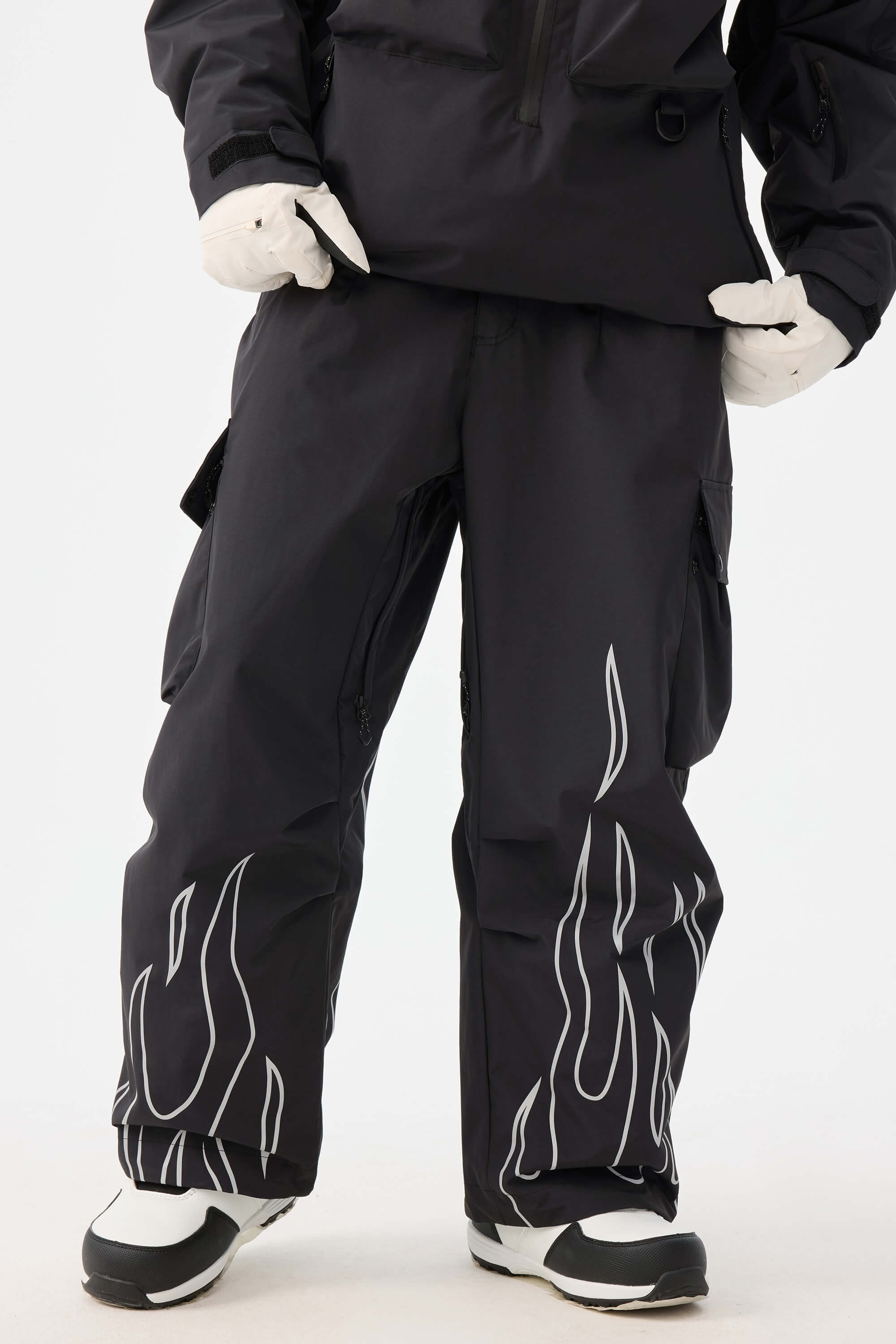 Women's Black Reflective Flame Ski Pants Baggy Utility Snow Pants Main image