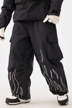 Women's Black Reflective Flame Ski Pants Baggy Utility Snow Pants