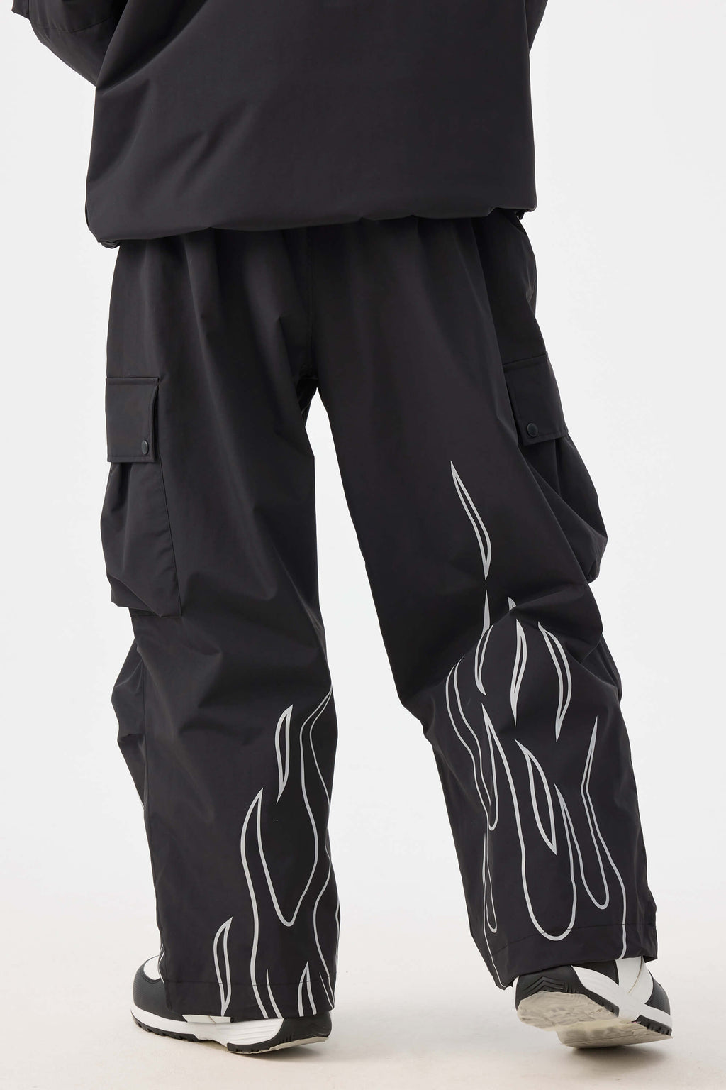 Women's Black Reflective Flame Ski Pants Baggy Utility Snow Pants