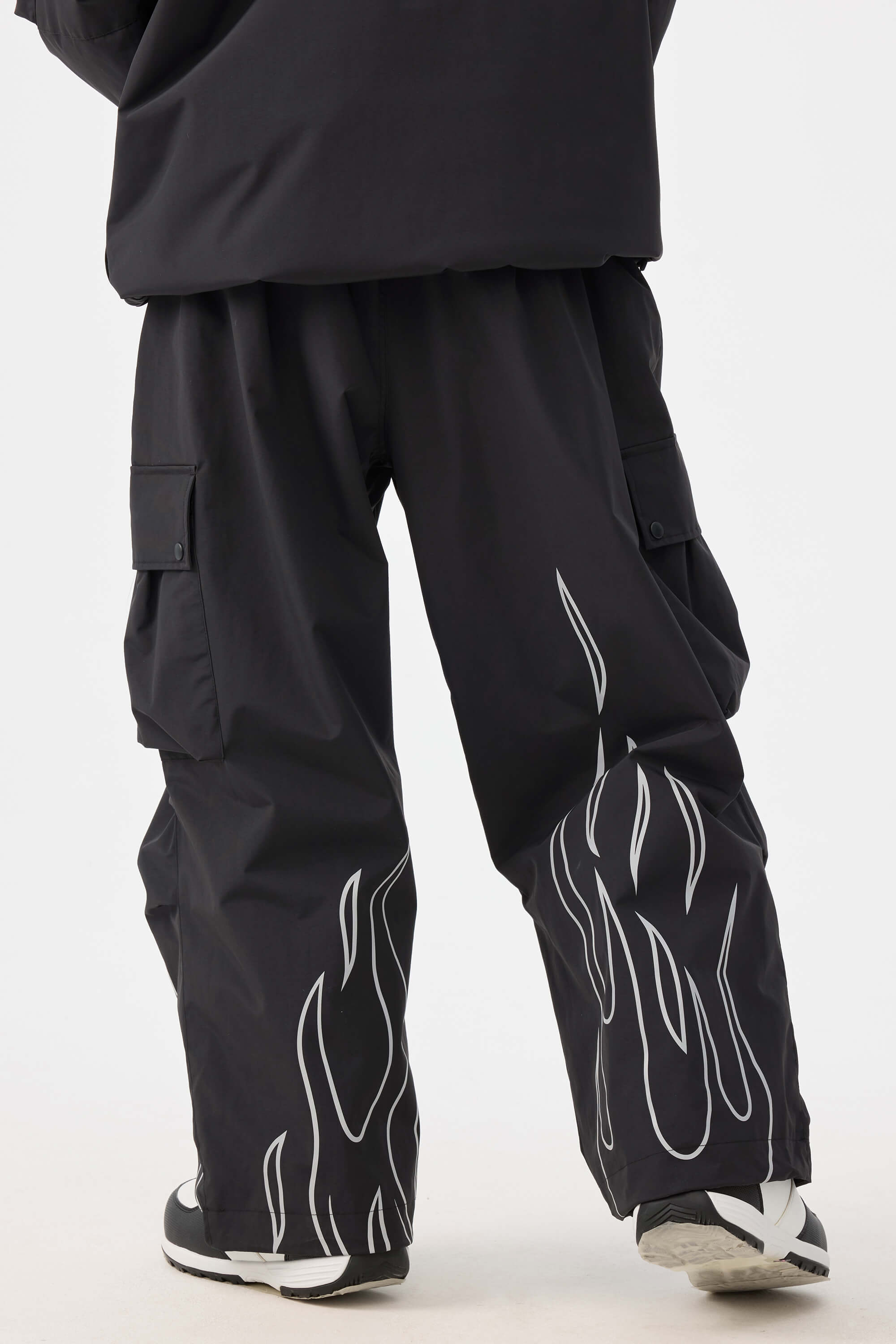 Women's Black Reflective Flame Ski Pants Baggy Utility Snow Pants