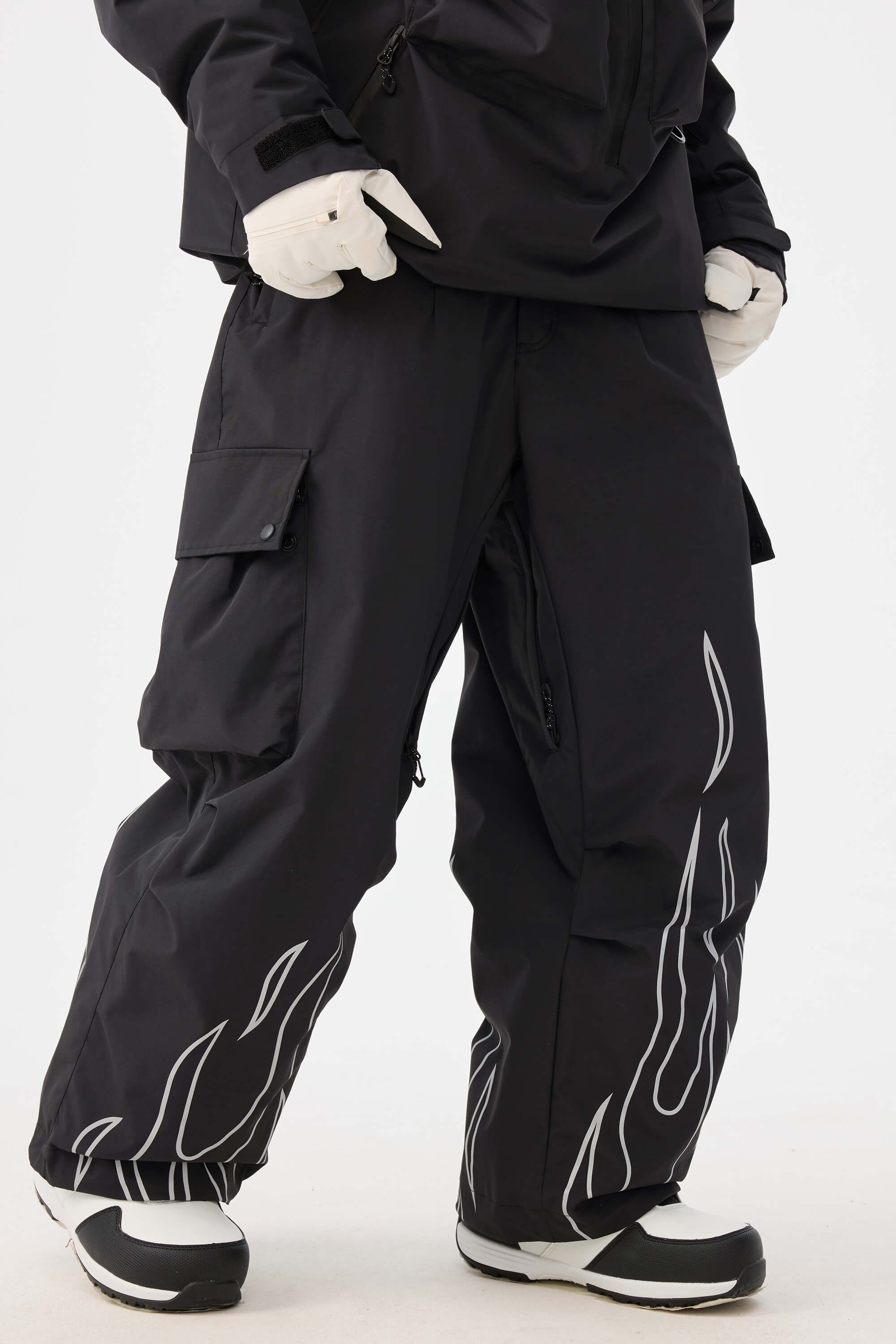 Women's Black Reflective Flame Ski Pants Baggy Utility Snow Pants