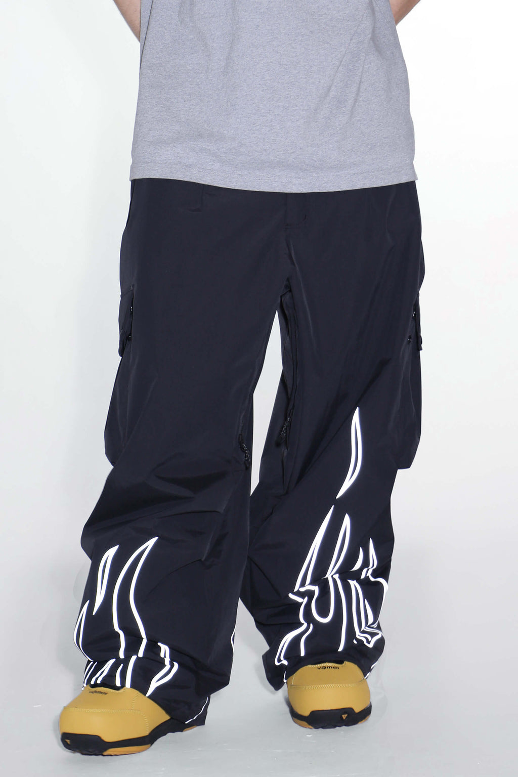 Women's Khaki Reflective Flame Ski Pants Baggy Utility Snow Pants