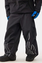 Men's Khaki Reflective Flame Ski Pants Baggy Utility Snow Pants