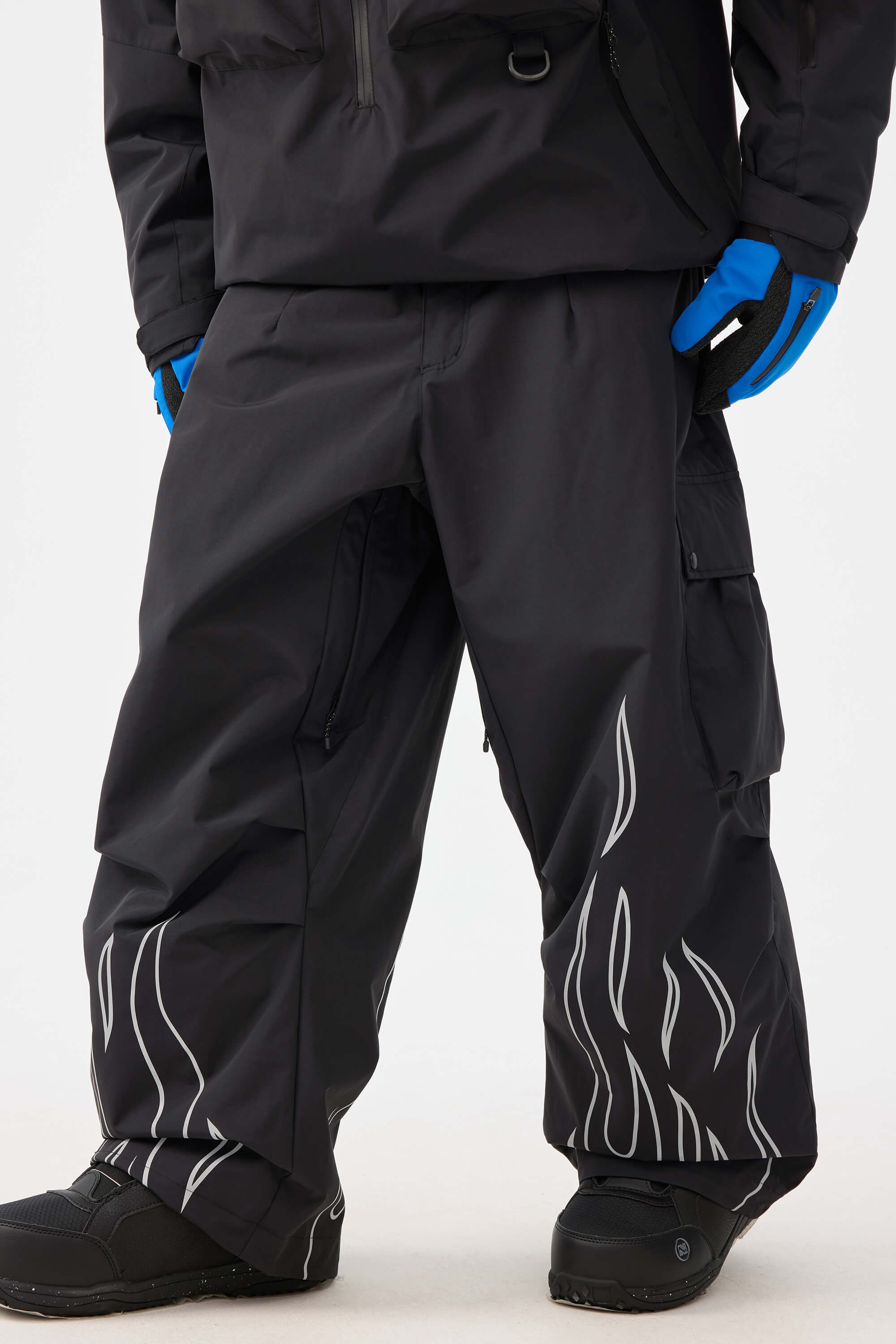Men's Black Reflective Flame Ski Pants Baggy Utility Snow Pants Main image