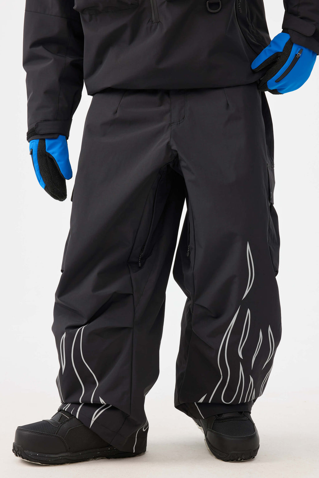 Men's Black Reflective Flame Ski Pants Baggy Utility Snow Pants