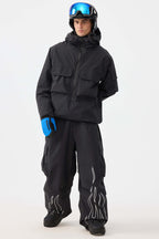 Men's Khaki Reflective Flame Ski Pants Baggy Utility Snow Pants