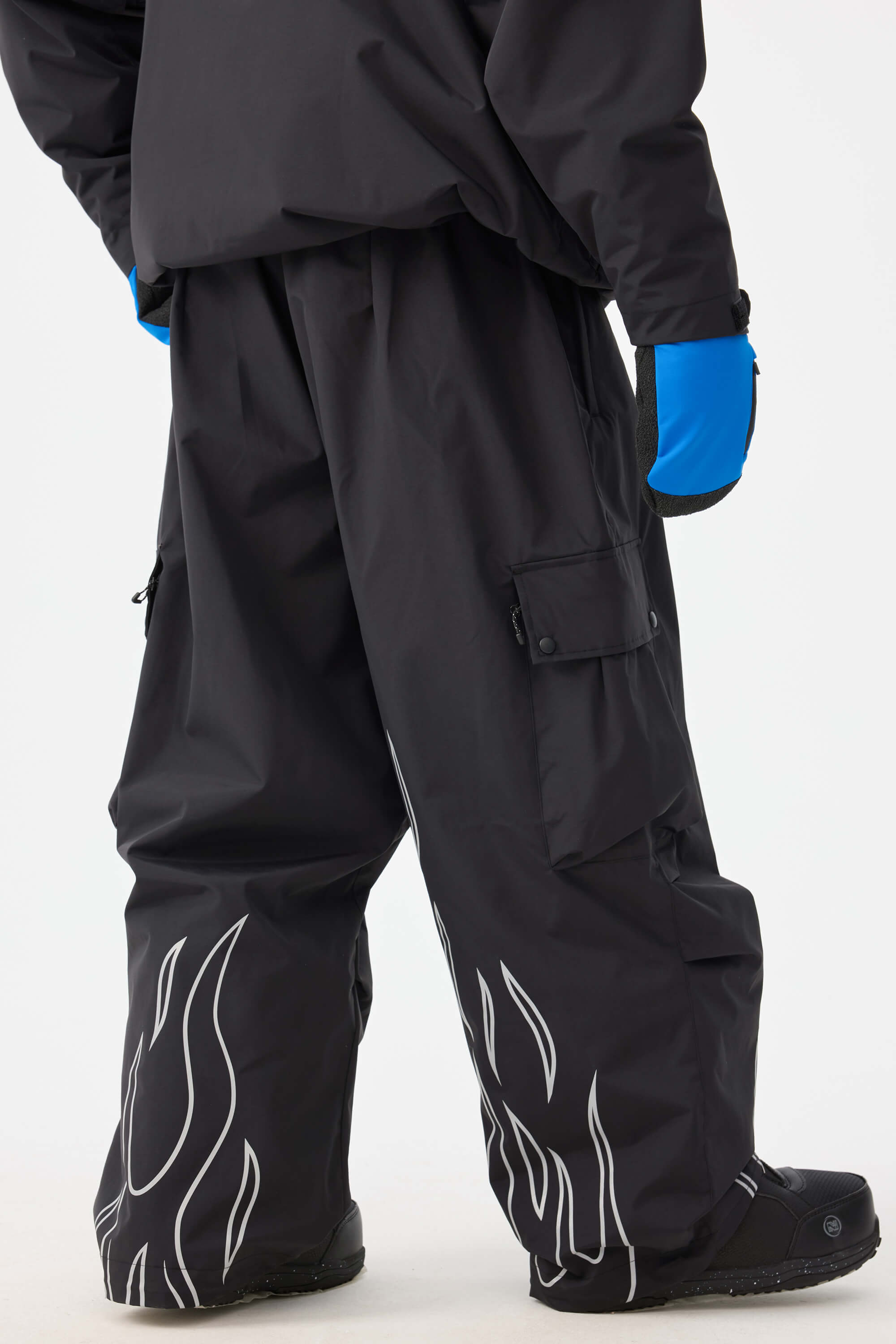Men's Black Reflective Flame Ski Pants Baggy Utility Snow Pants