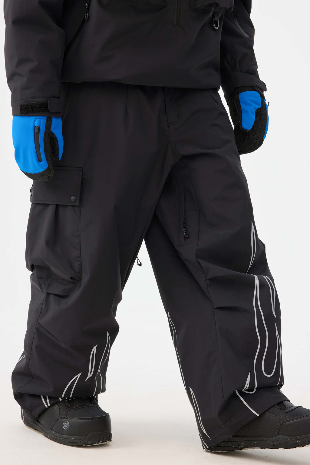 Men's Black Reflective Flame Ski Pants Baggy Utility Snow Pants