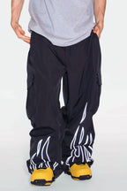 Men's Coffee Reflective Flame Ski Pants Baggy Utility Snow Pants