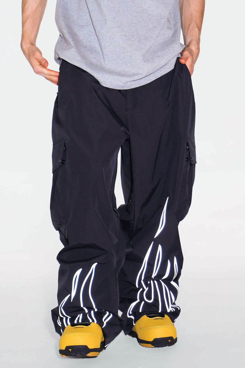 Men's Black Reflective Flame Ski Pants Baggy Utility Snow Pants