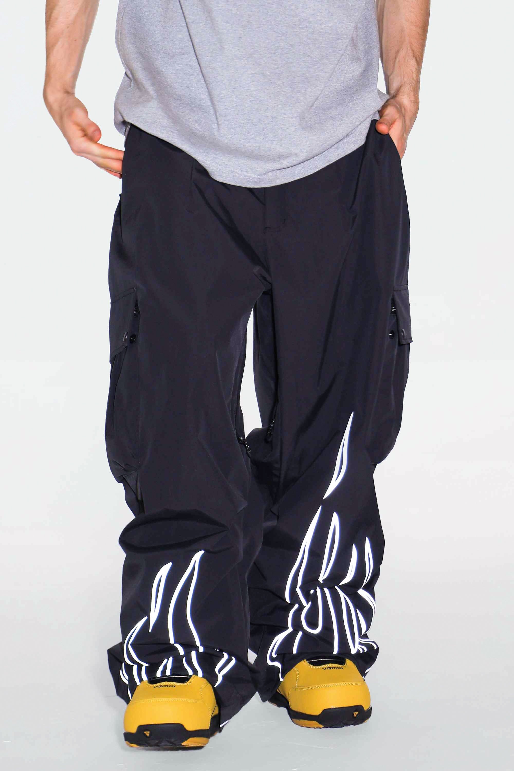 Men's Black Reflective Flame Ski Pants Baggy Utility Snow Pants