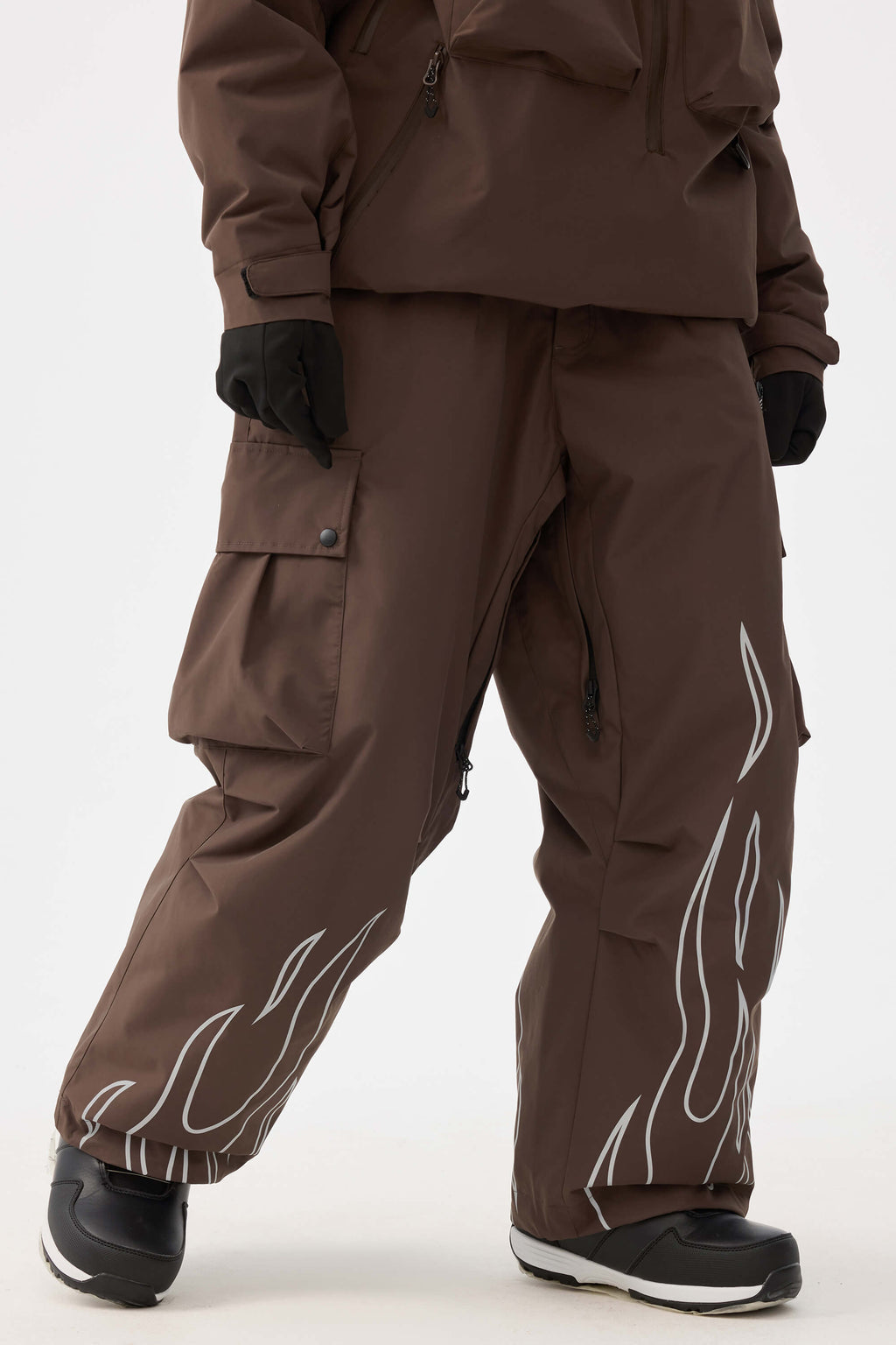 Women's Coffee Reflective Flame Ski Pants Baggy Utility Snow Pants