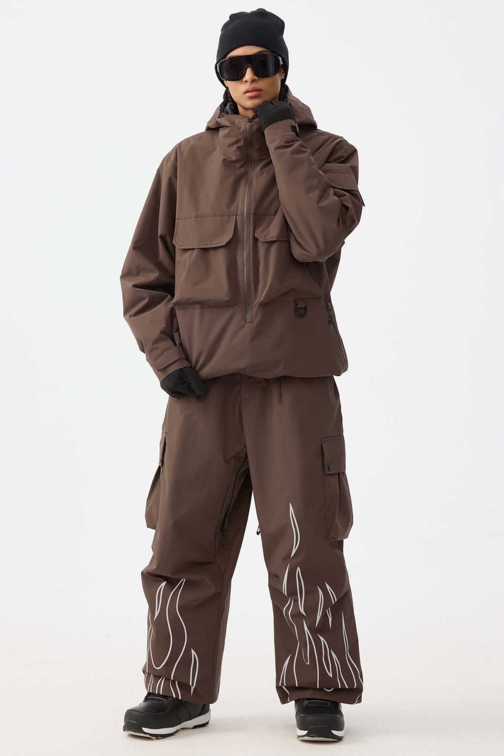 Women's Khaki Reflective Flame Ski Pants Baggy Utility Snow Pants