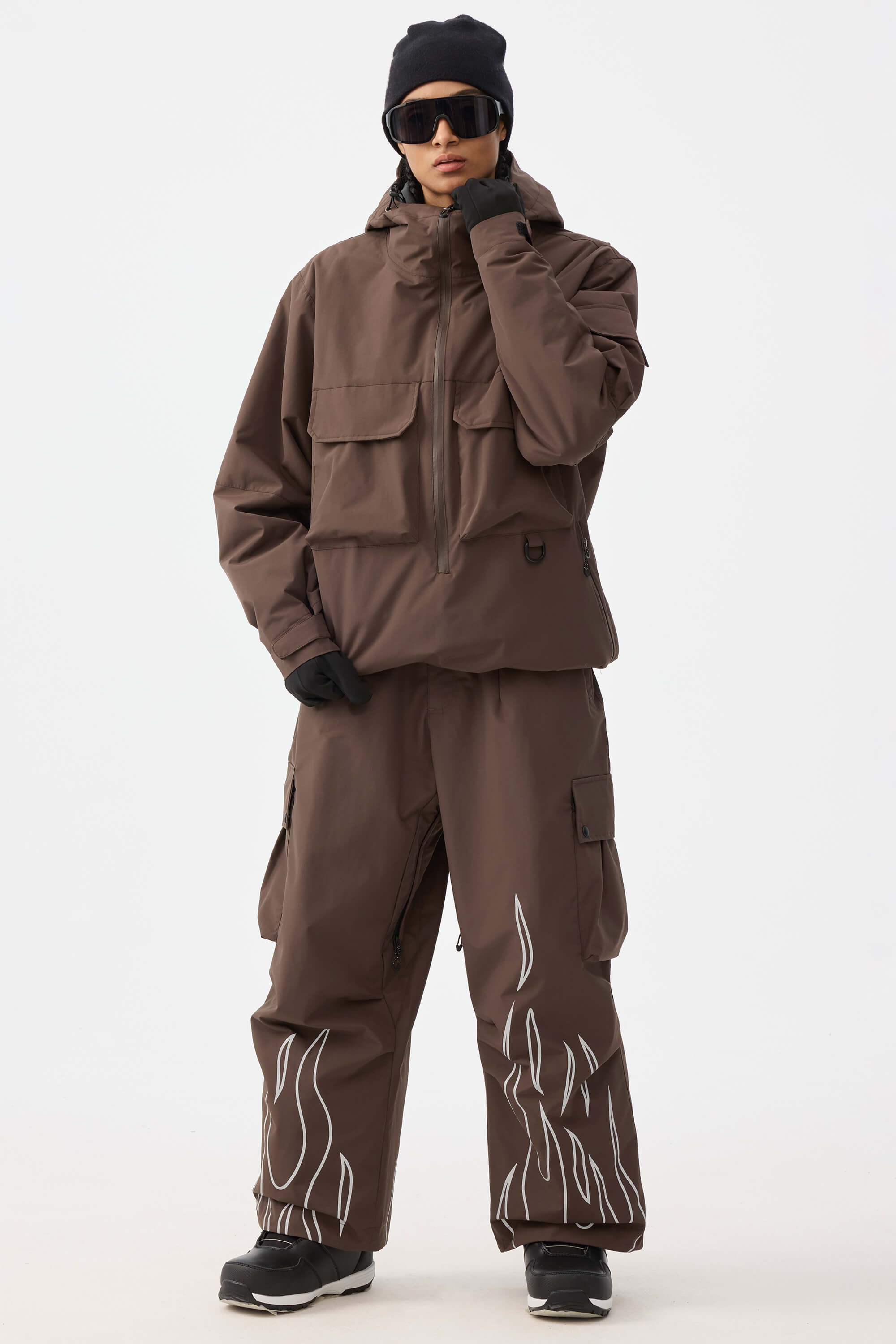 Women's Khaki Reflective Flame Ski Pants Baggy Utility Snow Pants
