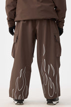 Women's Coffee Reflective Flame Ski Pants Baggy Utility Snow Pants