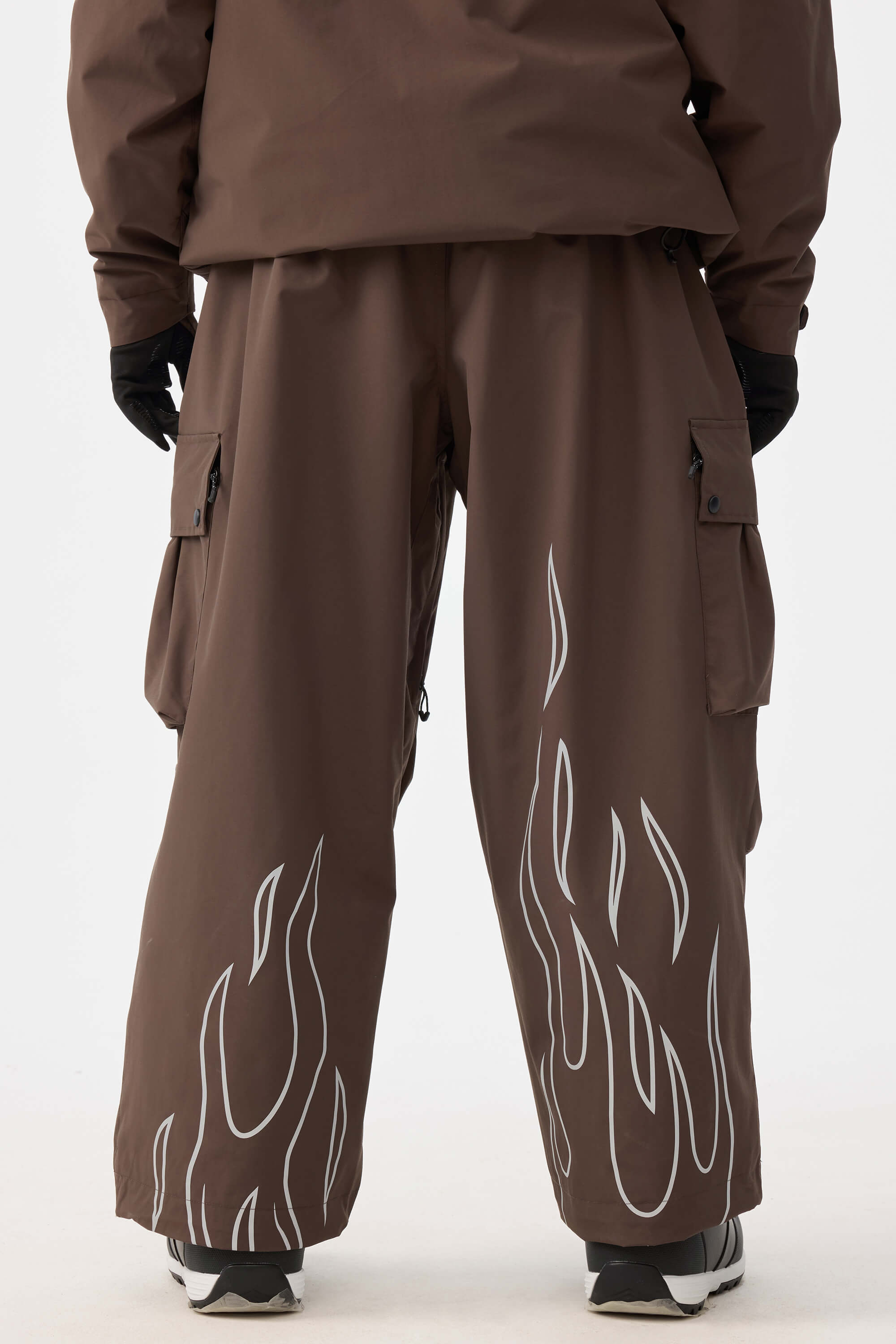 Women's Coffee Reflective Flame Ski Pants Baggy Utility Snow Pants