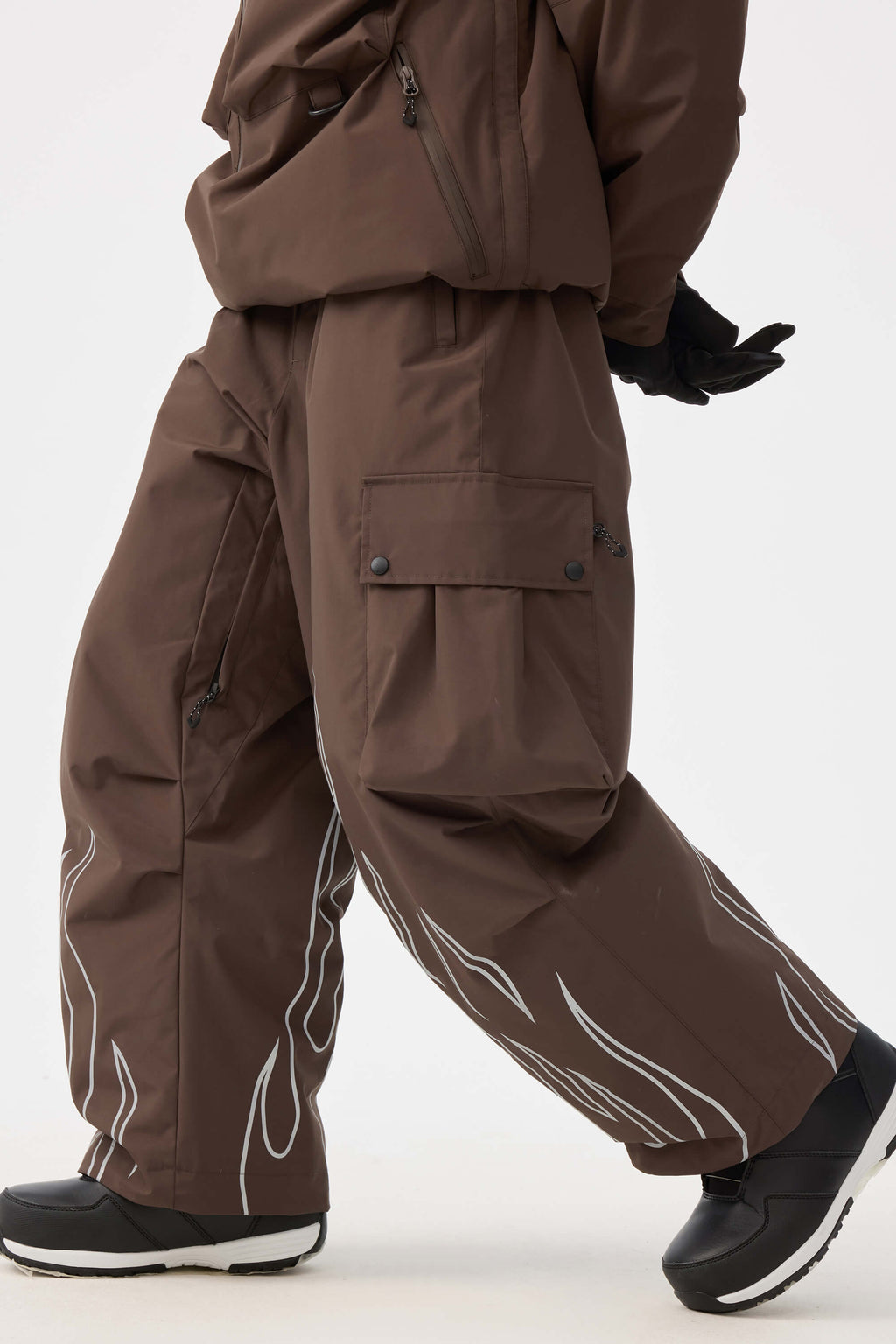 Women's Coffee Reflective Flame Ski Pants Baggy Utility Snow Pants