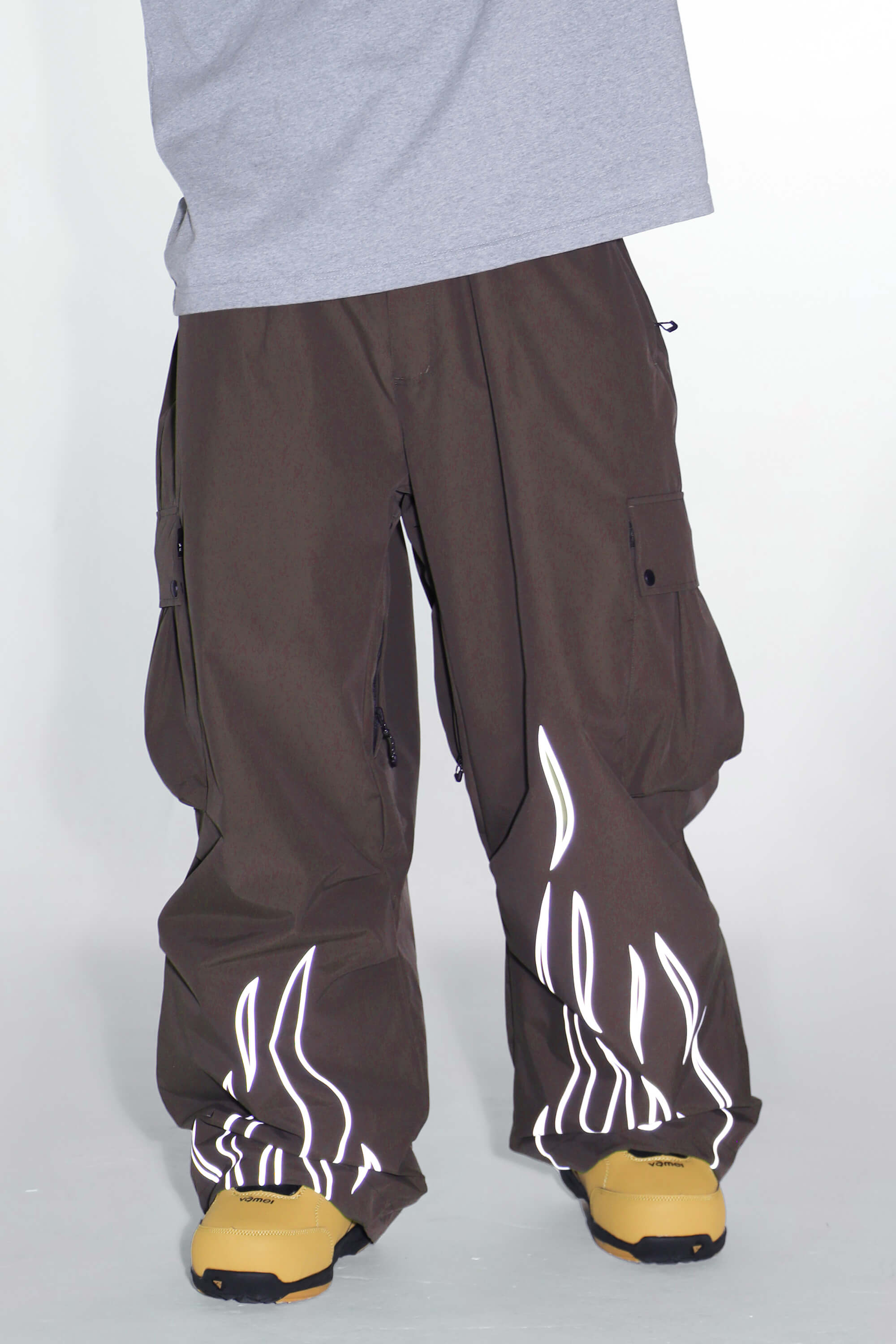 Women's Black Reflective Flame Ski Pants Baggy Utility Snow Pants