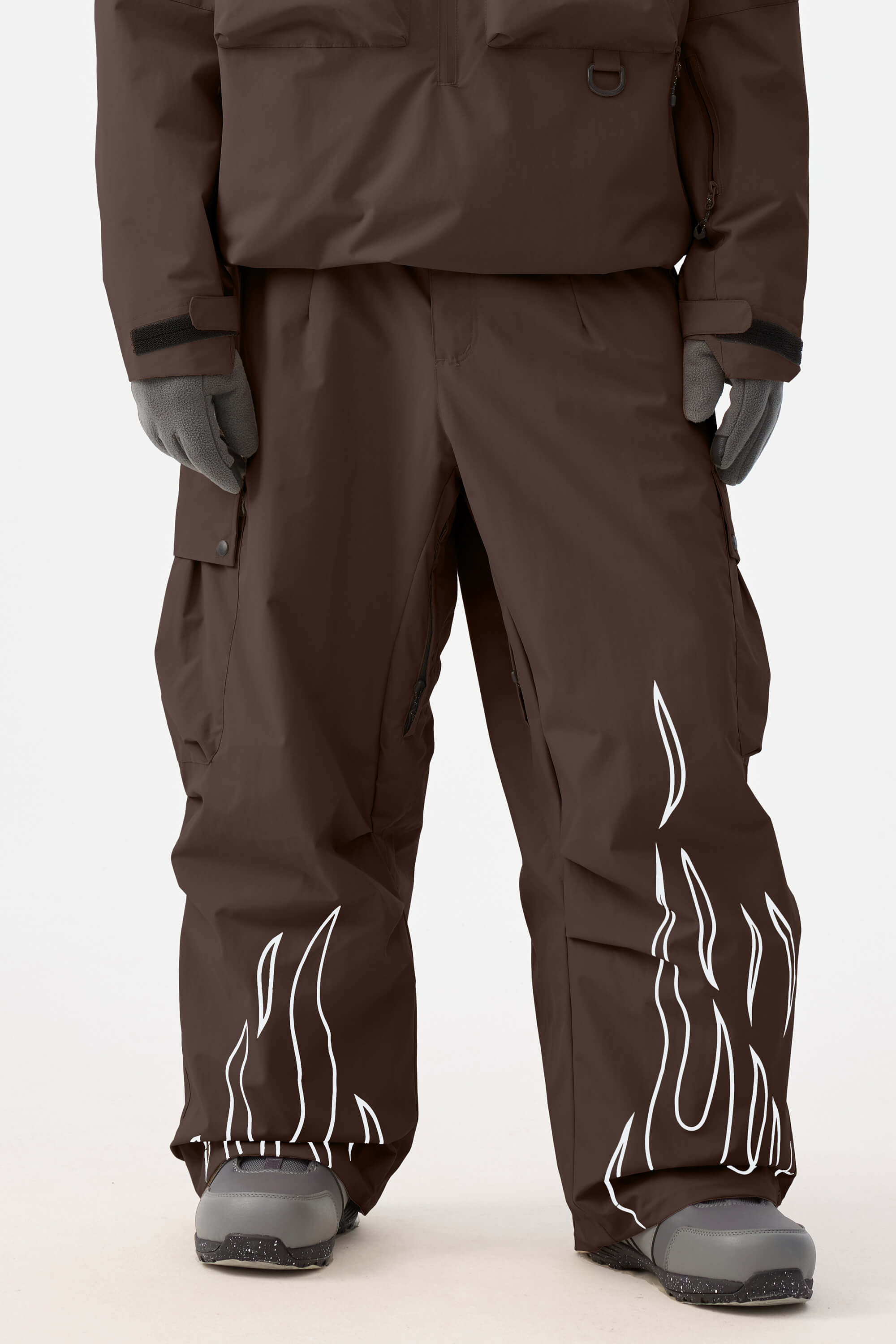 Men's Black Reflective Flame Ski Pants Baggy Utility Snow Pants