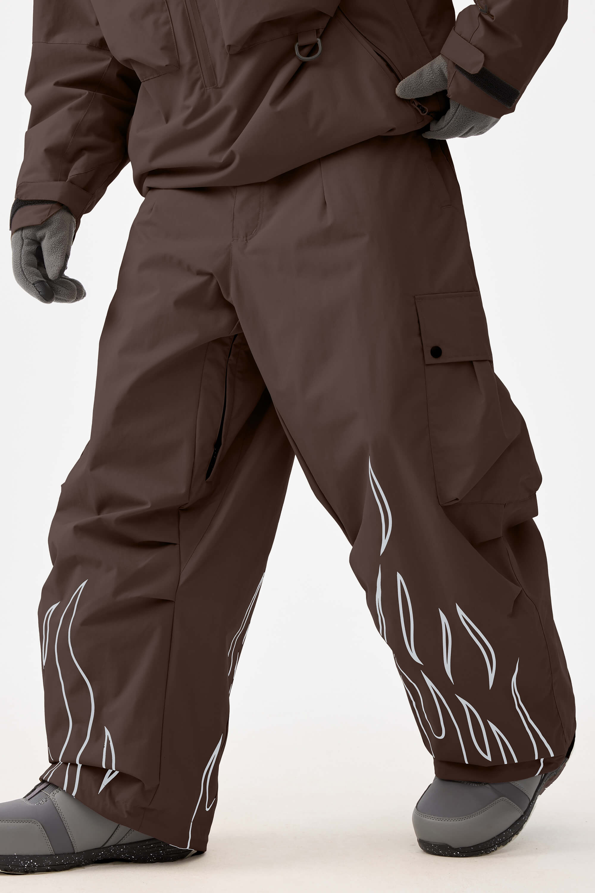 Men's Coffee Reflective Flame Ski Pants Baggy Utility Snow Pants