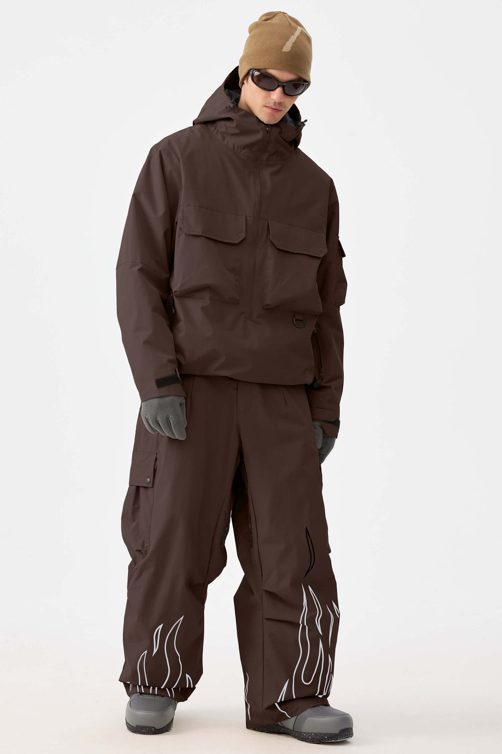 Men's Coffee Reflective Flame Ski Pants Baggy Utility Snow Pants