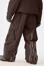 Men's Coffee Reflective Flame Ski Pants Baggy Utility Snow Pants