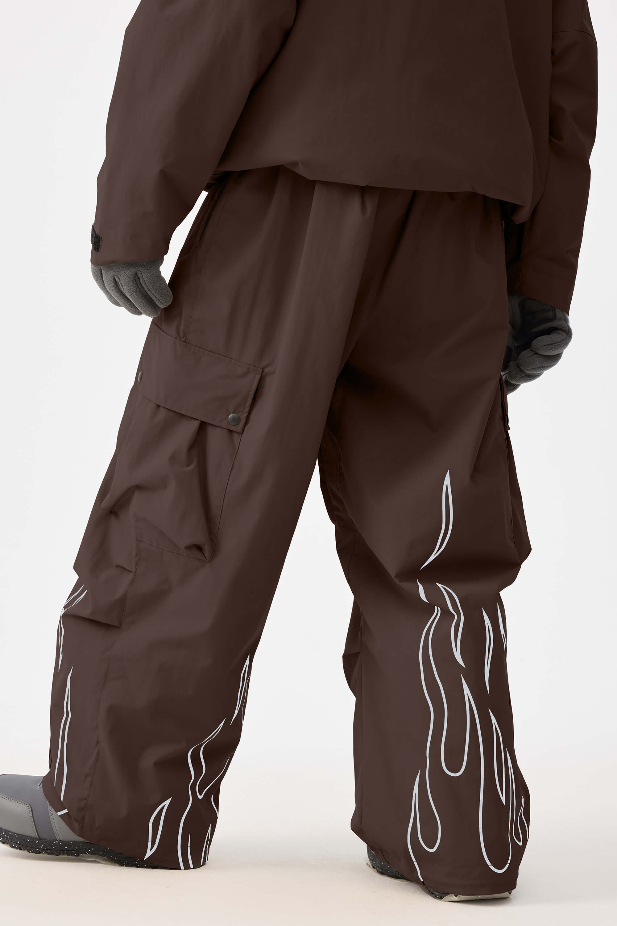 Men's Coffee Reflective Flame Ski Pants Baggy Utility Snow Pants